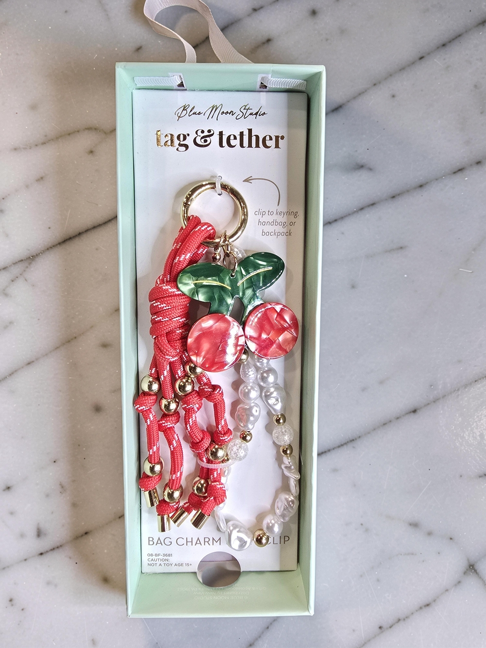 Blue Moon Studio Cherry Bag Charm Keyring White Pearls & Red Rope NIB